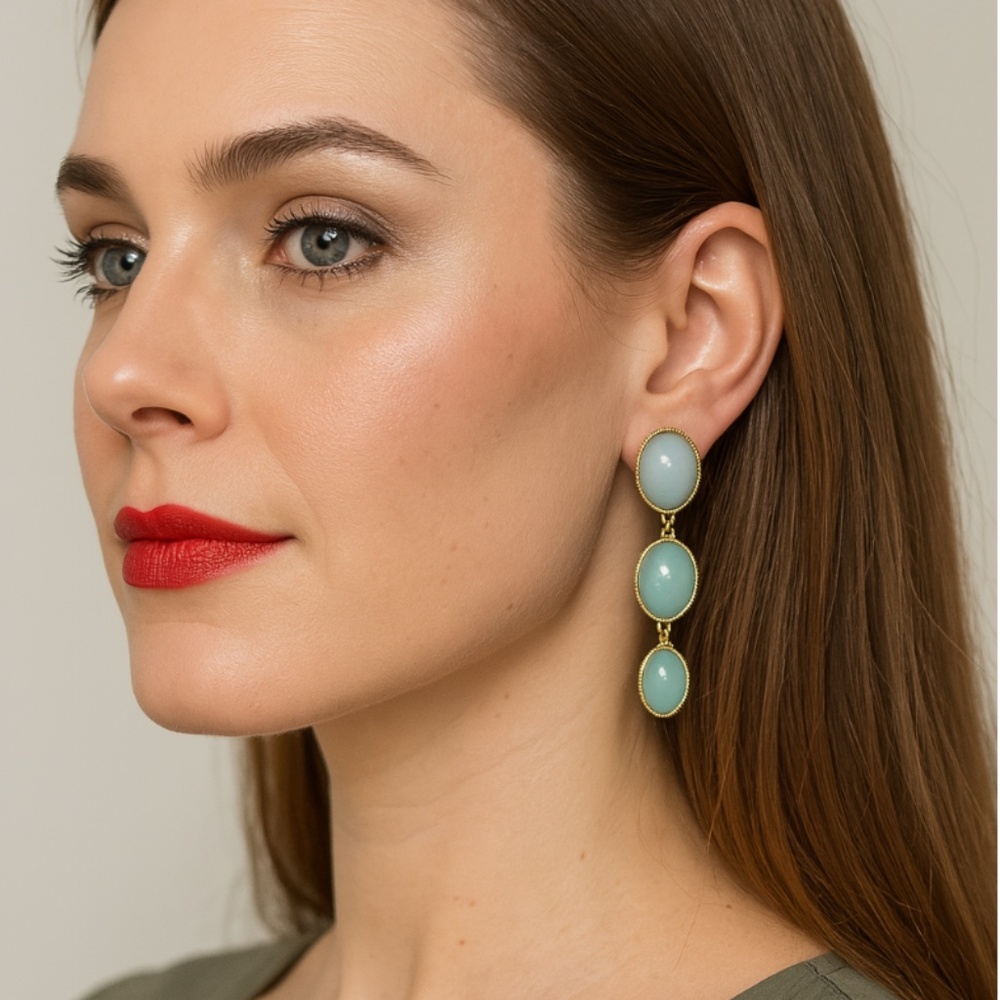 Three Tone Blue Drop Gem Statement Earrings